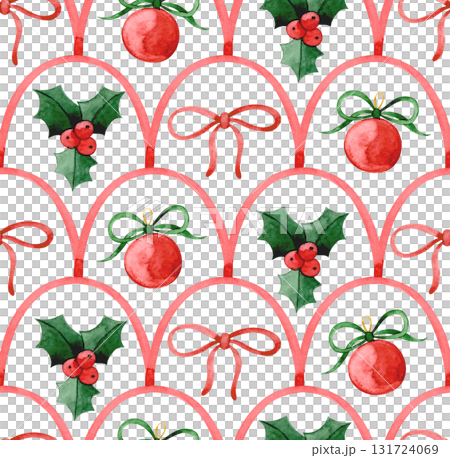 Christmas watercolor seamless pattern in retro style. Geometric scale tiles. Christmas watercolor seamless pattern in retro style. Geometric scale tiles. 131724069