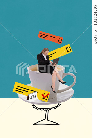 Colorful poster. Businesswoman sitting in coffee cup working on laptop surrounded by floating tasks 131724095