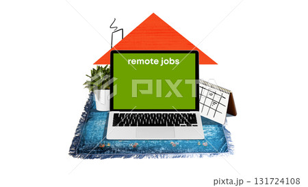 Creative graphic artwork. Laptop with text remote jobs on green screen placed under red roof with calendar Creative graphic artwork. Laptop with text remote jobs on green screen placed under red roof with calendar 131724108