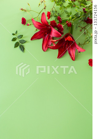 Two large red lilies with red roses on green background 131724156