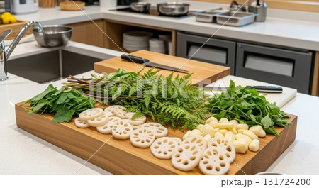 Fresh foraged spring vegetables with lotus root slices and fern fiddleheads arranged on wooden cutting board in modern kitchen 131724200