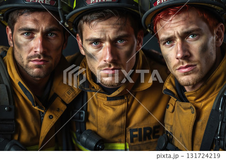 Three firefighters with serious expressions. Three firefighters with serious expressions. 131724219