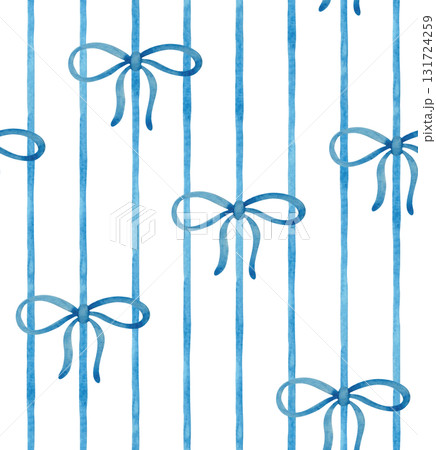 Seamless watercolor pattern with blue stripes and ribbons and bows. Seamless watercolor pattern with blue stripes and ribbons and bows. 131724259