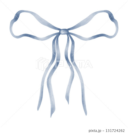 Blue bow with long ribbons. Watercolor, marker illustration. Hand drawn isolated art. Ribbon tied in a loose loop for decorating holidays, bouquets, and birthdays. Gift knot. 131724262