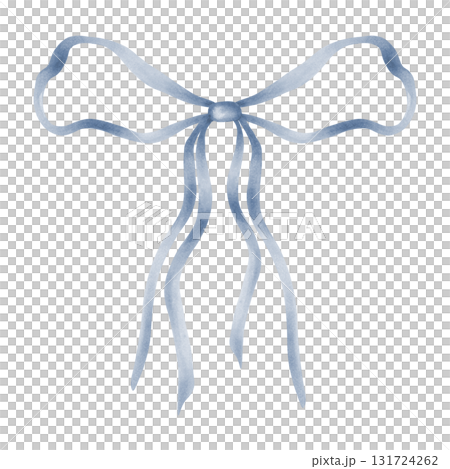 Blue bow with long ribbons. Watercolor, marker illustration. Hand drawn isolated art. Ribbon tied in a loose loop for decorating holidays, bouquets, and birthdays. Gift knot. 131724262