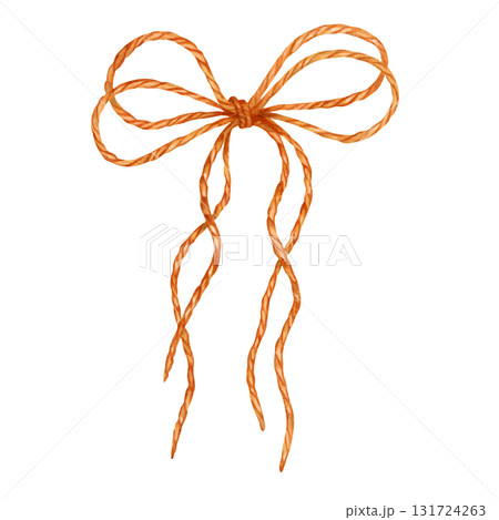 Brown jute cord bow. Watercolor and marker illustration. Gift knot. Hand drawn isolated art. Ribbon tied in a loose loop for holiday decorations, wedding bouquets and birthdays. 131724263