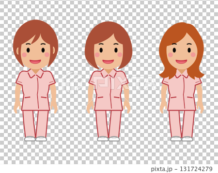 笑顔で両手を下ろしたピンクの制服の女性看護師 131724279