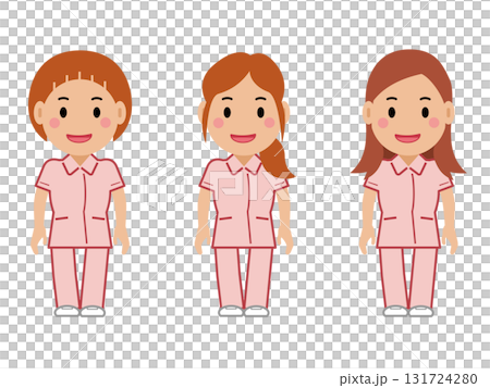 笑顔で両手を下ろしたピンクの制服の女性看護師。その2 131724280