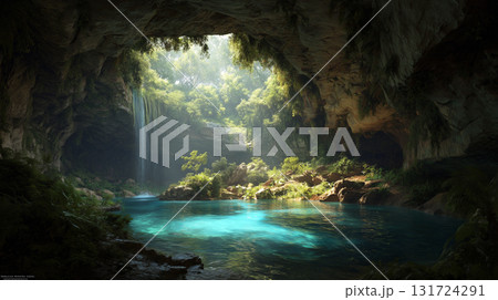 Beautiful underground cave with waterfall Beautiful underground cave with waterfall 131724291