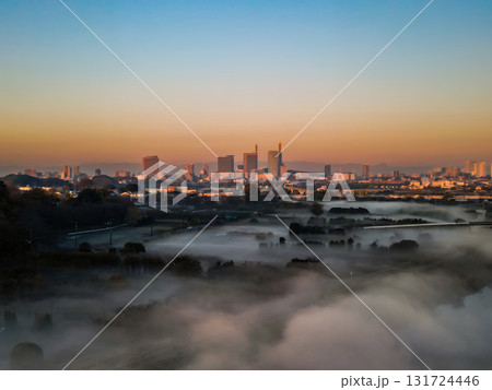 空撮「埼玉県」霧が立ち込める早朝の見沼田んぼ 131724446