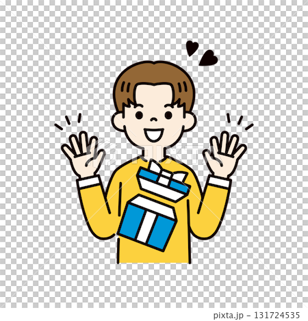 一個簡單的上身向量插圖，描繪的是一個年輕人因贏得禮物而高興的樣子。 131724535
