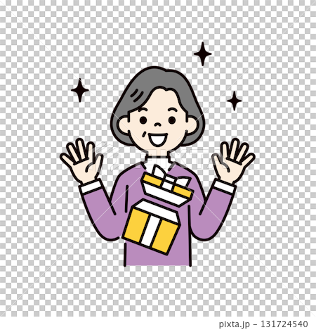 プレゼントが当たって喜ぶ、シニア世代の女性の上半身ベクターイラスト素材＿カラー 131724540