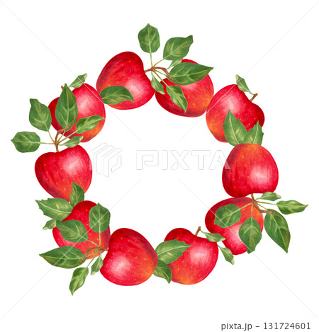 Watercolor illustration of a circular wreath of red apples and green leaves. Frame with space for text. Hand drawn isolated art. Art for seasonal designs, product packaging and autumn themes. Watercolor illustration of a circular wreath of red apples and green leaves. Frame with space for text. Hand drawn isolated art. Art for seasonal designs, product packaging and autumn themes. 131724601