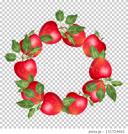 Watercolor illustration of a circular wreath of red apples and green leaves. Frame with space for text. Hand drawn isolated art. Art for seasonal designs, product packaging and autumn themes. Watercolor illustration of a circular wreath of red apples and green leaves. Frame with space for text. Hand drawn isolated art. Art for seasonal designs, product packaging and autumn themes. 131724601