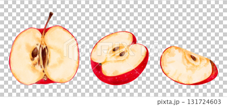 Fruit set of red apple parts. Healthy eating. Botanical watercolor illustration. Hand drawn isolated art. Clip art for food packaging design, menus and juices. Harvesting, production. 131724603