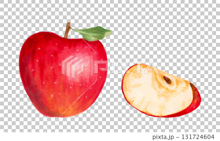 A whole red apple with a slice. Watercolor and marker illustration. Hand drawn isolated image. Harvesting. Production. Clipart with botanical natural fruits for food packaging, juice and jam 131724604