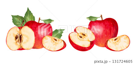 Fruit composition with whole and sliced apples with leaves. Botanical illustration with watercolor and marker. Hand drawn isolated art. Natural food product for food packaging, menus and juices. 131724605