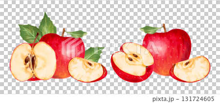 Fruit composition with whole and sliced apples with leaves. Botanical illustration with watercolor and marker. Hand drawn isolated art. Natural food product for food packaging, menus and juices. 131724605