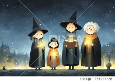 美優シリーズ：4人の美優が魔法の夜空に星を描いているシーン 131724726