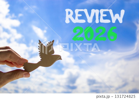 Review 2026 symbol. Concept words Review 2026 on beautiful blue sky. Beautiful blue sky background. Businessman's hand holds wooden bird. Business and review 2026 concept. Copy space. Review 2026 symbol. Concept words Review 2026 on beautiful blue sky. Beautiful blue sky background. Businessman's hand holds wooden bird. Business and review 2026 concept. Copy space. 131724825