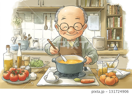秋の料理イベントでかぼちゃスープを作る高齢男性 131724906