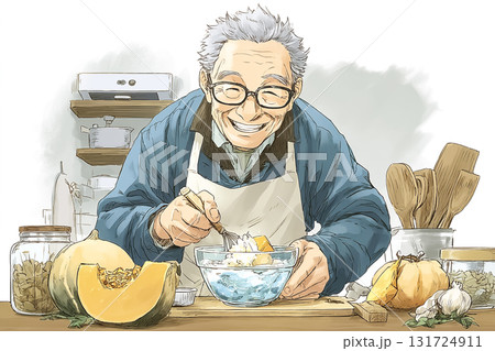 秋の料理イベントでかぼちゃスープを作る高齢男性 秋の料理イベントでかぼちゃスープを作る高齢男性 131724911
