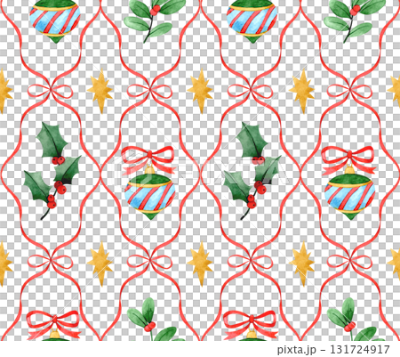 Retro style Christmas pattern with ribbons, Christmas plants, and toys. Watercolor print 131724917