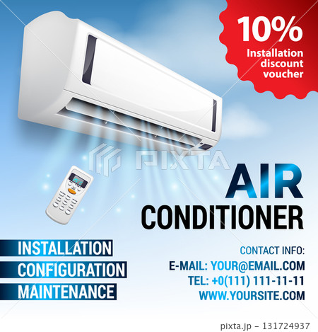 Air Conditioning Repair Flyer with Realistic detailed isometric air conditioning blowing cold air in the room. Installation discount voucher 131724937
