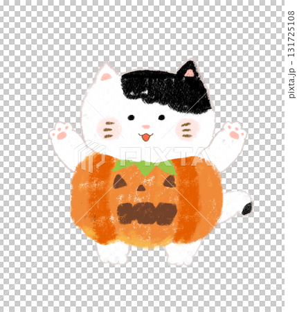 Illustration of a cat dressed up for Halloween - Crayon-drawn, Spotted Illustration of a cat dressed up for Halloween - Crayon-drawn, Spotted 131725108