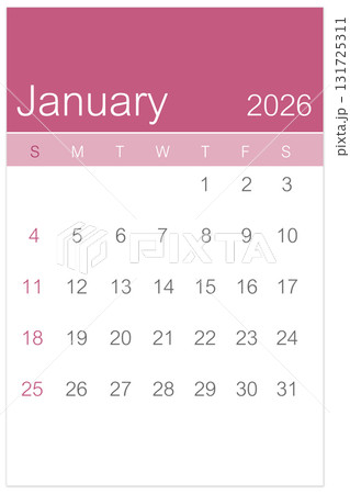 Pink January 2026 Calendar page isolated on white background, Saved clipping path. Pink January 2026 Calendar page isolated on white background, Saved clipping path. 131725311