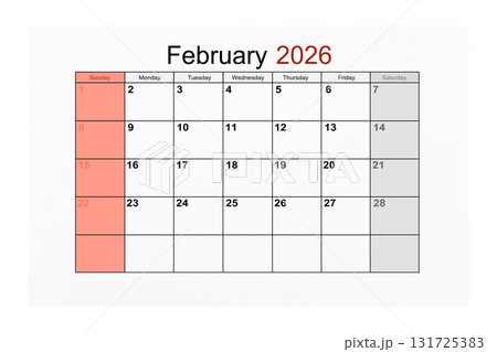 February 2026 Calendar page for 2026 year isolated on white background, Save clipping path. 131725383