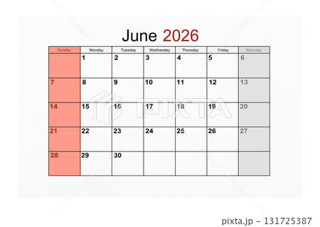 June 2026 Calendar page for 2026 year isolated on white background, Save clipping path. June 2026 Calendar page for 2026 year isolated on white background, Save clipping path. 131725387