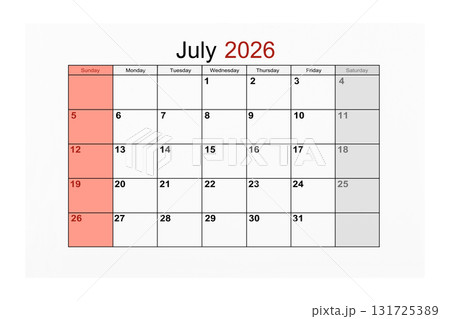 July 2026 Calendar page for 2026 year isolated on white background, Save clipping path. 131725389