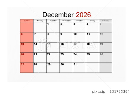 December 2026 Calendar page for 2026 year isolated on white background, Save clipping path. 131725394