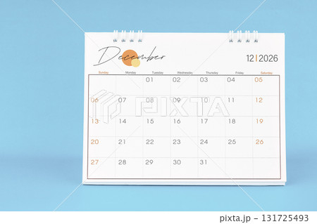 December 2026, Monthly desk calendar for 2026 year on Blue color background. December 2026, Monthly desk calendar for 2026 year on Blue color background. 131725493