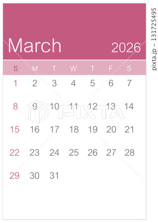 Pink March 2026 Calendar page isolated on white background, Saved clipping path. 131725495