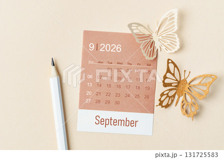 September 2026 calendar card for the organizer to plan and reminder and butterfly paper on yellow. 131725583