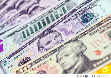 Closeup of American dollar banknote texture, monetary, business and financial background Closeup of American dollar banknote texture, monetary, business and financial background 131725662