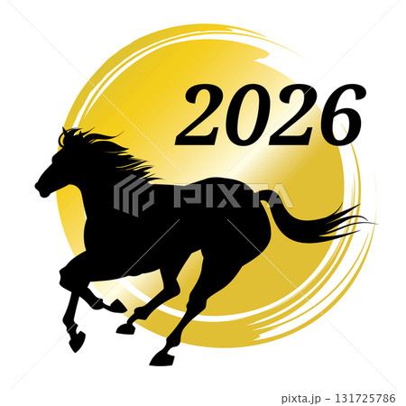 2026年の年賀素材、走る馬のシルエット、新年のイメージイラスト 2026年の年賀素材、走る馬のシルエット、新年のイメージイラスト 131725786