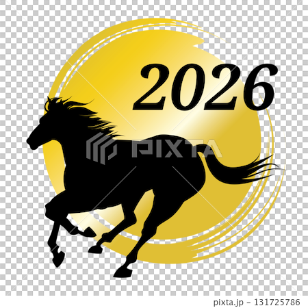 2026年の年賀素材、走る馬のシルエット、新年のイメージイラスト 2026年の年賀素材、走る馬のシルエット、新年のイメージイラスト 131725786