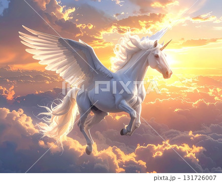 黄金の朝焼けの中を飛ぶ翼のあるユニコーン　幻想的で神秘的な世界 131726007