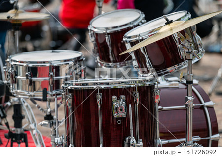 A set of plates in a drum set. At a concert of percussion music, selective focus, closeup 131726092