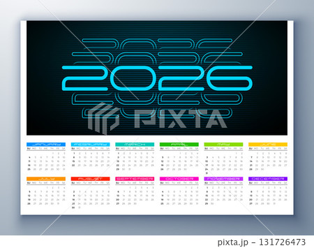 2026 Printable Calendar Design Template with Number Symbol and Whole Annual Monthly Typography on White Background for New Year. Horizontal Schedule Planner Illustration for Wall Poster, Card Calendar 131726473