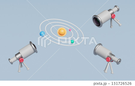 Astronomy Telescope and Solar System. 3D Rendering. Astronomy Telescope and Solar System. 3D Rendering. 131726526