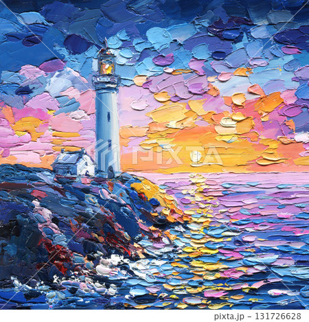 Sunset Lighthouse Seascape. Vibrant Oil Impasto Painting, Textured Coastal Landscape Wall Art 131726628