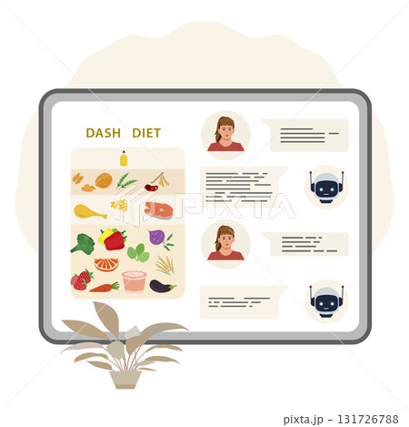 Dash diet diagram on screen with chat messages and robot icons, including woman illustrations Dash diet diagram on screen with chat messages and robot icons, including woman illustrations 131726788