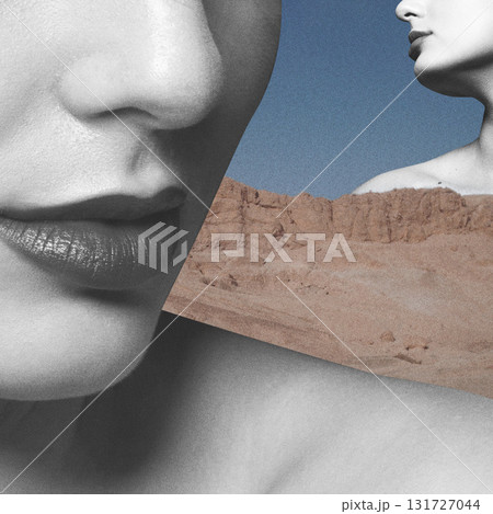 Collage illustration of two women portrait silhouette in mountains background 131727044