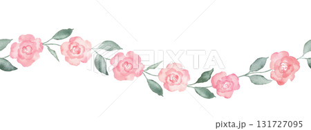 Pink watercolor rose flowers spots and leaves seamless border on white background. Repeat banner soft pastel colors water color for beauty products. Hand drawn illustration on isolated background. Pink watercolor rose flowers spots and leaves seamless border on white background. Repeat banner soft pastel colors water color for beauty products. Hand drawn illustration on isolated background. 131727095