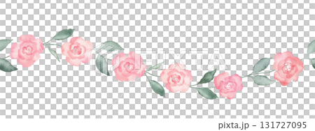 Pink watercolor rose flowers spots and leaves seamless border on white background. Repeat banner soft pastel colors water color for beauty products. Hand drawn illustration on isolated background. Pink watercolor rose flowers spots and leaves seamless border on white background. Repeat banner soft pastel colors water color for beauty products. Hand drawn illustration on isolated background. 131727095