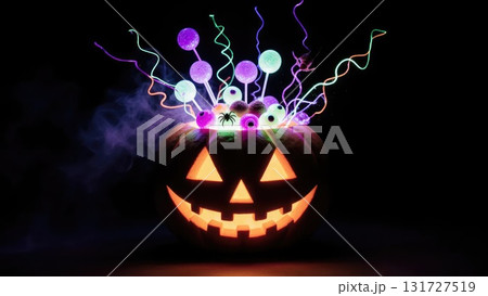 Neon Candy Explosion from Pumpkin on Black for Night Halloween Events Neon Candy Explosion from Pumpkin on Black for Night Halloween Events 131727519